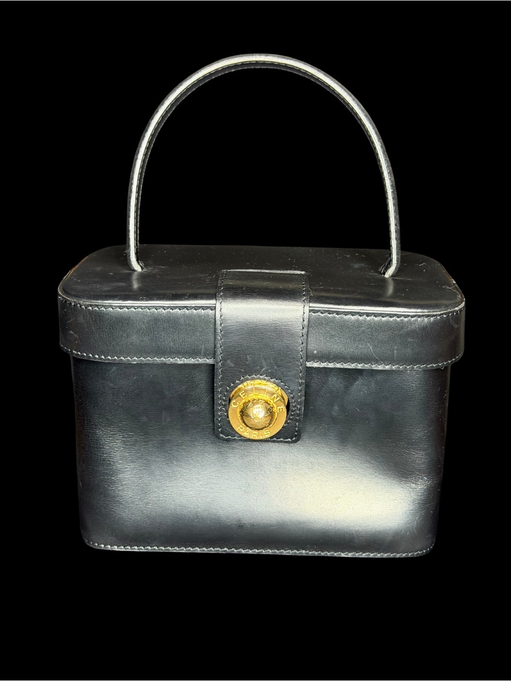 Vintage Celine Star Ball Black Leather Vanity Bag Top Handle Case